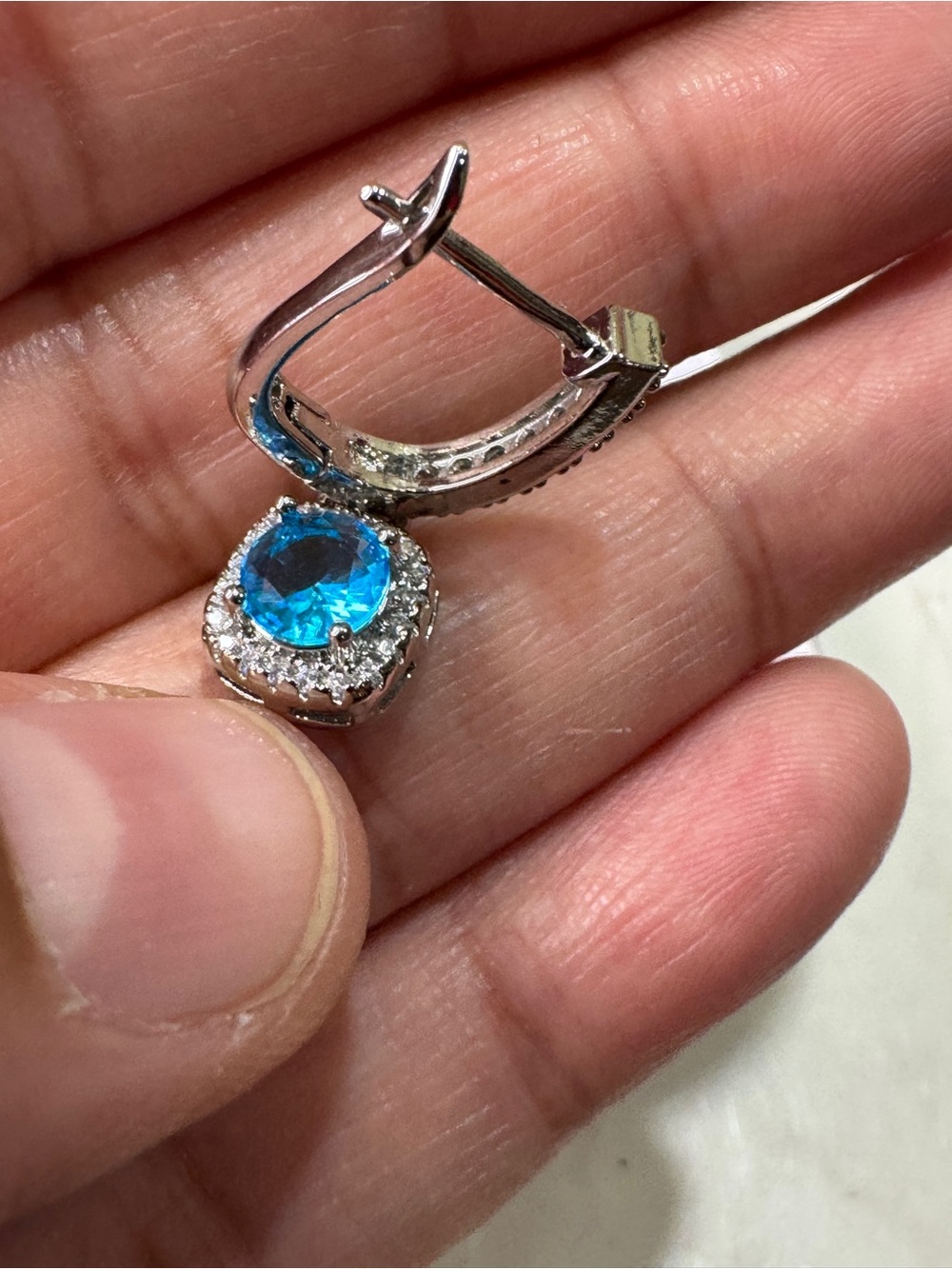 Blue Topaz and Moissanite Blue Crystal Halo Drop Earrings - Picture 7 of 12